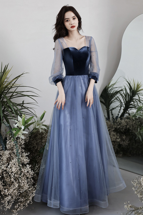 Blue Velvet Tulle Long Prom Dress, Beautiful Long Sleeve Evening Dress