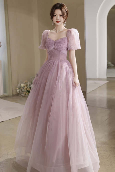 Pink Tulle Long Prom Dress, Beautiful A-line Evening Party Dress