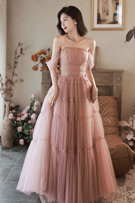 Pink Tulle Sequins Long Prom Dress, Cute A-line Off Shoulder Evening Dress