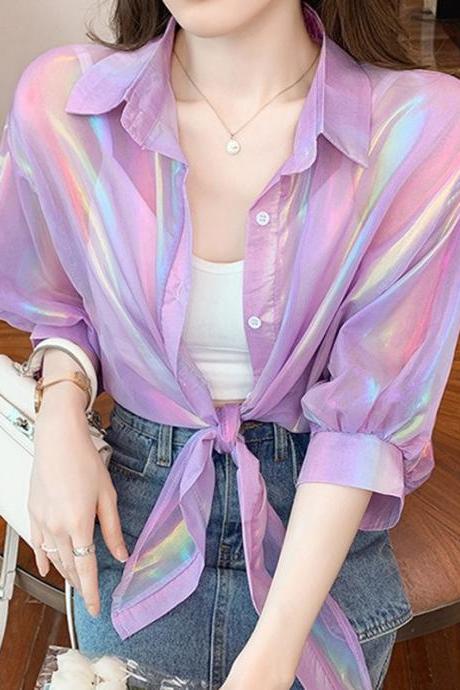Buttoned Up Shirts Women Half Sleeve Shining Sparkles Tied Waist Sexy Chiffon Blouses Shirts For Women