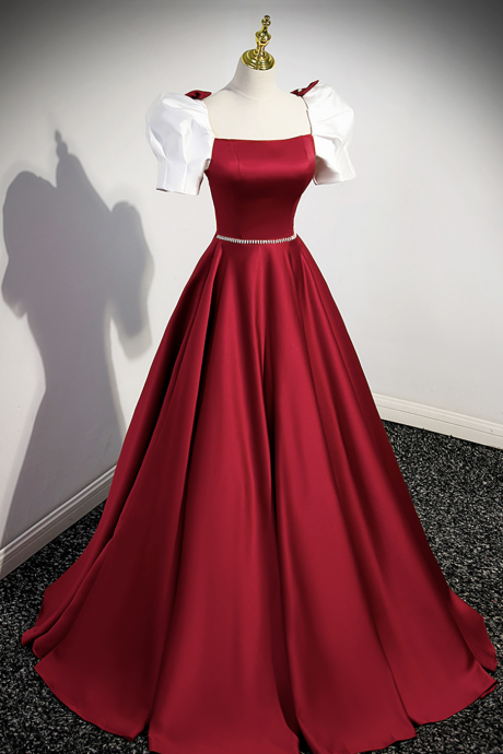 Cute Satin Long Prom Dress, A-line Short Sleeve Evening Dress