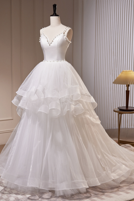 White V-neck Tulle Long Prom Dress, A-line Evening Dress With Train