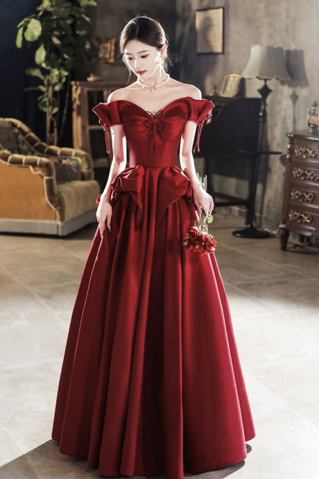 Burgundy Satin Long Prom Dress, Cute A-line Off Shoulder Evening Dress