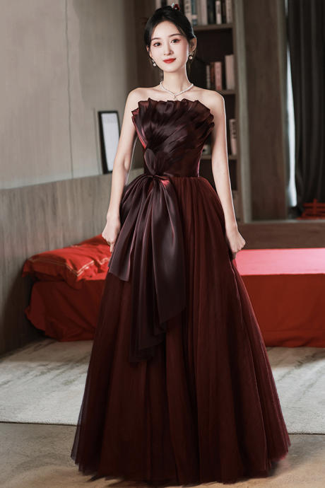 Burgundy Tulle Long Prom Dress, A-ine Strapless Evening Dress