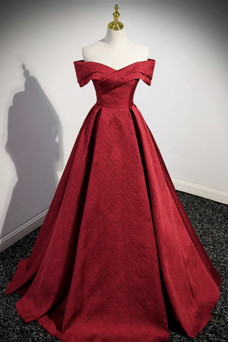 Burgundy Satin Long Prom Dress, Simple Off Shoulder Evening Dress