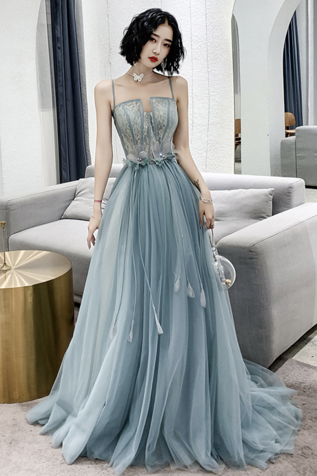 Blue Spaghetti Strap Tulle Long Prom Dress With Lace