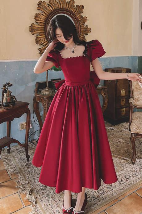 Burgundy Satin Short Prom Dress, Cute A-line Party Dress With Bow