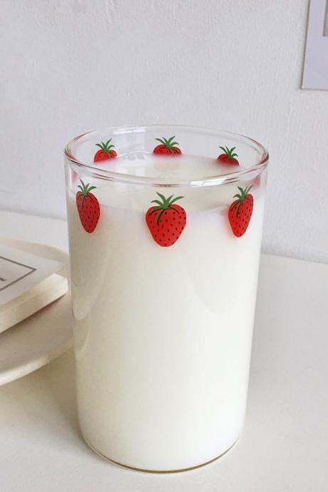 300ml Strawberry Cute Glass Cup With Straw Creative Transparent Water Cup Student Milk Heat Resistant Glass