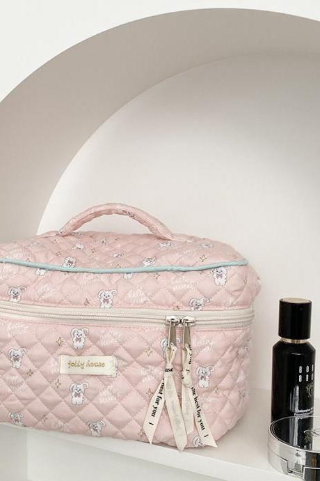 Cute Quilting Cotton Makeup Bag Women Zipper Cosmetic Organizer Female Cloth Handbag Box Shape Portable