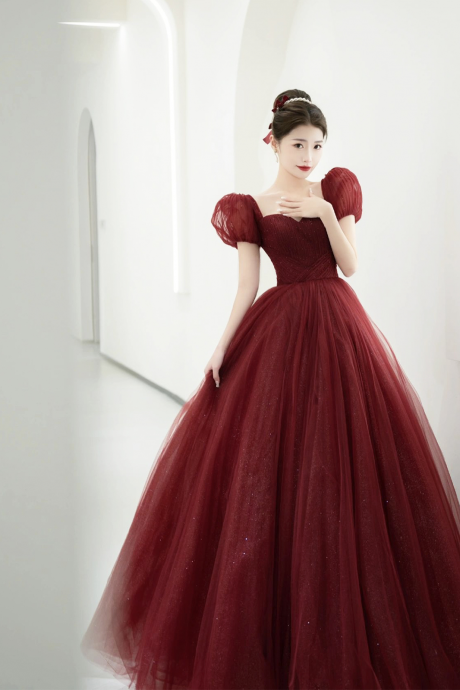 Burgundy Tulle Beaded Long Prom Dress, Beautiful A-line Evening Party Dress