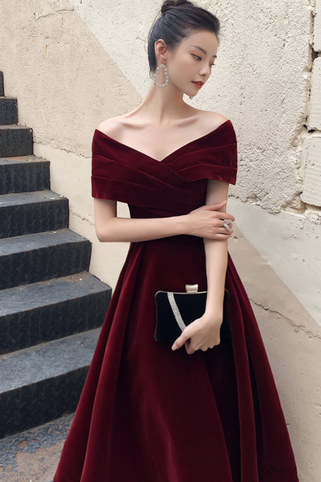 Burgundy Velvet Long Prom Dress, Beautiful V-neck Off Shoulder Evening Party Dress