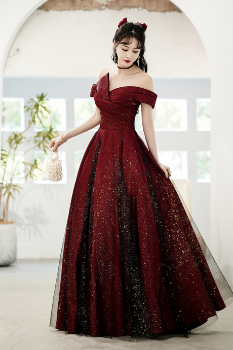 Burgundy Satin Tulle Long Prom Dress, A-line Off The Shoulder Evening Dress