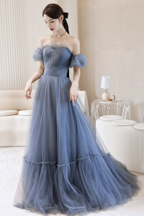 Blue Strapless Tulle Long Prom Dress, A-line Blue Evening Dress
