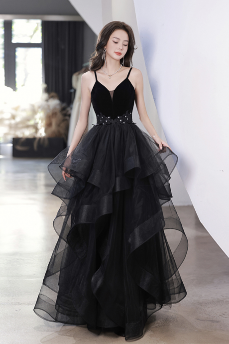 Black V-neck Lace Long Prom Dress, A-line Evening Dress