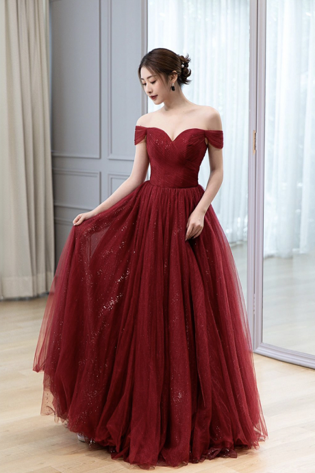 Burgundy Tulle Long Prom Dress, A-line Off The Shoulder Evening Dress