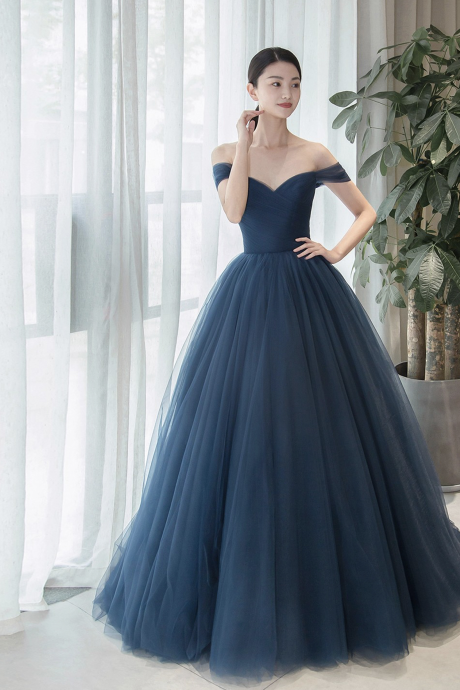 Elegant Tulle Long A-line Prom Dress, Blue Off The Shoulder Evening Party Dress