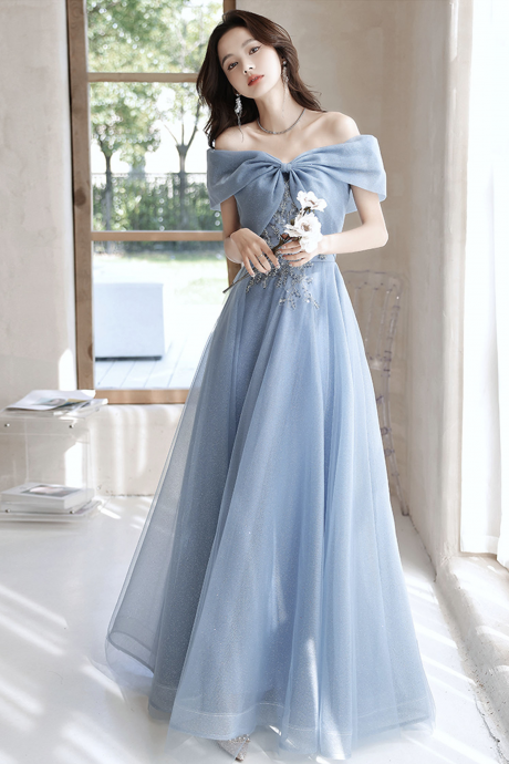 Blue Tulle Long Prom Dress Off Shoulder Evening Dress