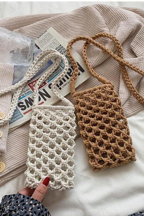 Women Fashion Small Crossbody Phone Bag Solid Color Hollow-out Woven Crochet Lightweight Braided Shoulder Handbag