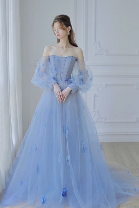 Blue Tulle Long Sleeve Prom Dress A-line Evening Dress