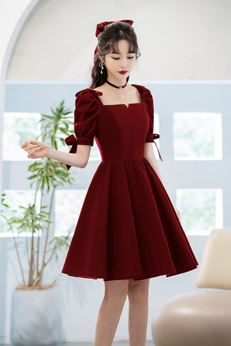 Burgundy Velvet Short Prom Dress Homecoming Dress