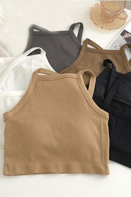 Crop Top Women Fashion Sleeveless Cropped Cross Tie-up Knitted With Chest Pads Casual Halter Thin Straps Camisole Top