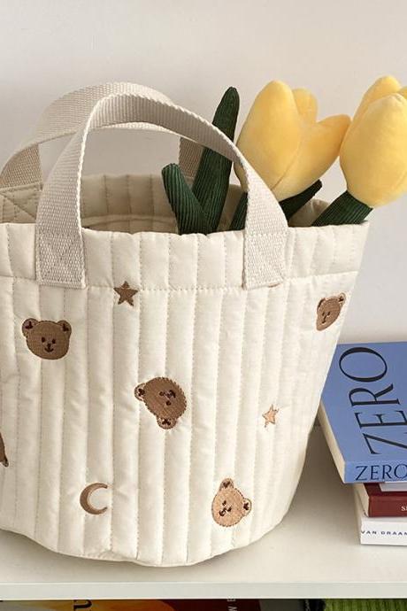 Bear Embroidery Women Lunch Bag Soft Canvas Quilting Design Food Storage Bucket Handbag Makeup Cosmetic Organizer