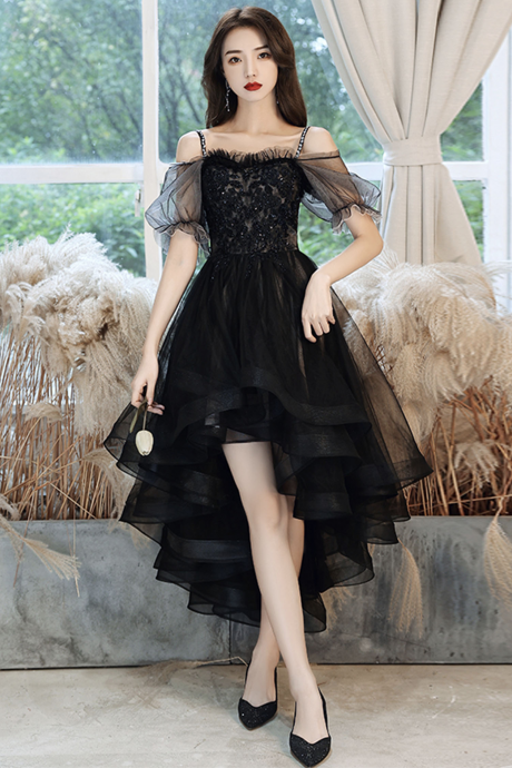 Black Tulle Lace High Low Prom Dress Homecoming Dress