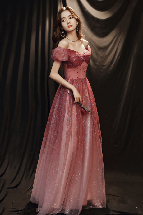 Burgundy Tulle Sequins Long Prom Dress Evening Dress