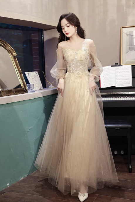 Champagne Tulle Lace Long Prom Dress A-line Evening Dress