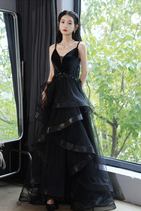 Black V-neck Tulle Long Prom Dress A-line Evening Dress