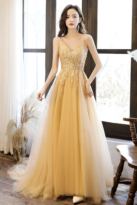Yellow Tulle Lace Long Prom Dress A-line Evening Dress