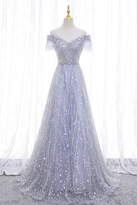 Gray Tulle Sequins Long Prom Dress A-line Evening Dress