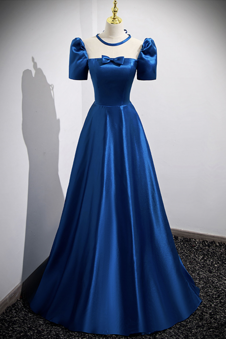 Blue Satin Long Prom Dress A-line Evening Dress