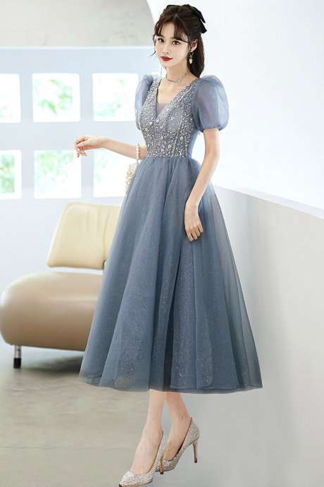 Blue Tulle Beaded Short Prom Dress Homecoming Dress