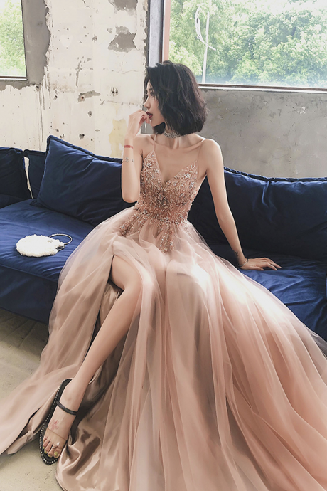 Stylish Tulle Beaded Long Prom Dress Evening Dress