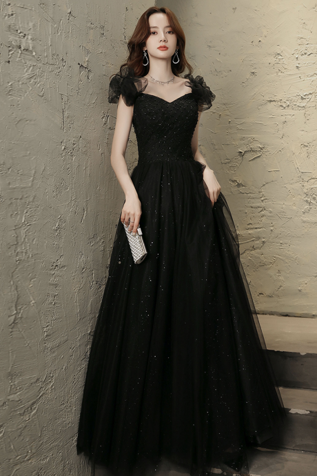 Black Tulle Beaded Long Prom Dress Evening Dress