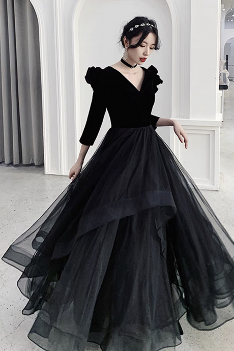 Black V-neck Long Sleeve Prom Dress Black Evening Dress