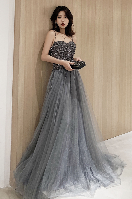 Grey Tulle Sequins Long Prom Dress Evening Dress