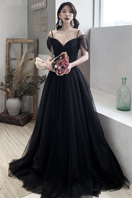 Black V-neck Tulle Long Prom Dress Black Evening Dress