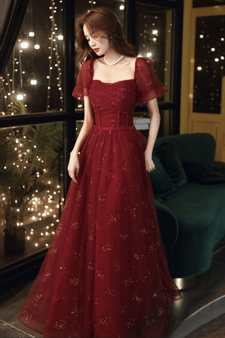 Burgundy Tulle Long Prom Dress A-line Evening Dress