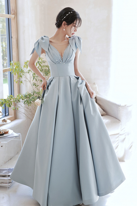 Blue Satin Long A Line Prom Dress