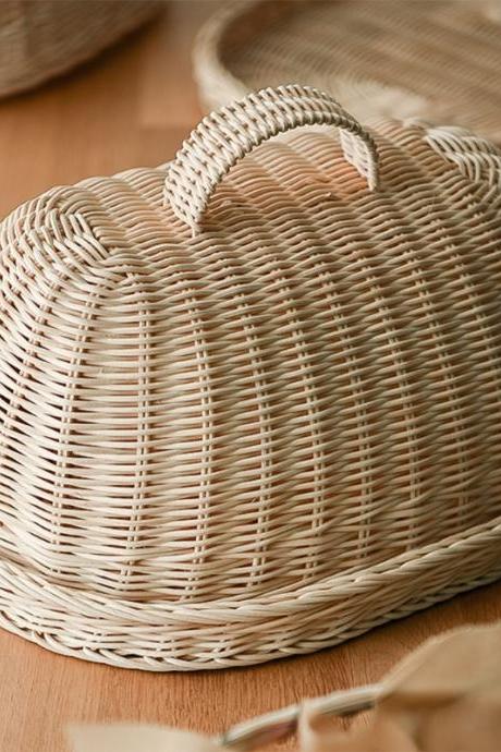 Handwoven Rattan Bread Basket Food Fruit Vegetables Serving Baskets With Dust Proof Cover Pantry Organizer For Kitchen