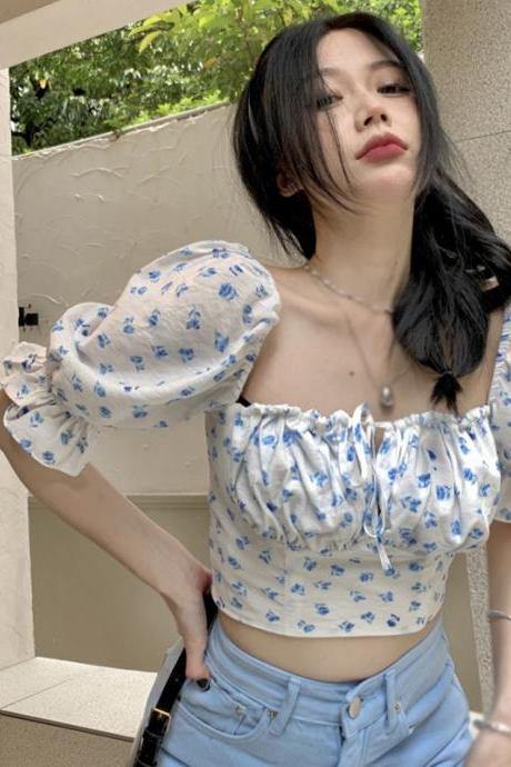 Flare Sleeve Blouse For Women Flower Chiffon Blouse Slim Exposed Navel Sweet Women&amp;#039;s Shirts Off Shoulder