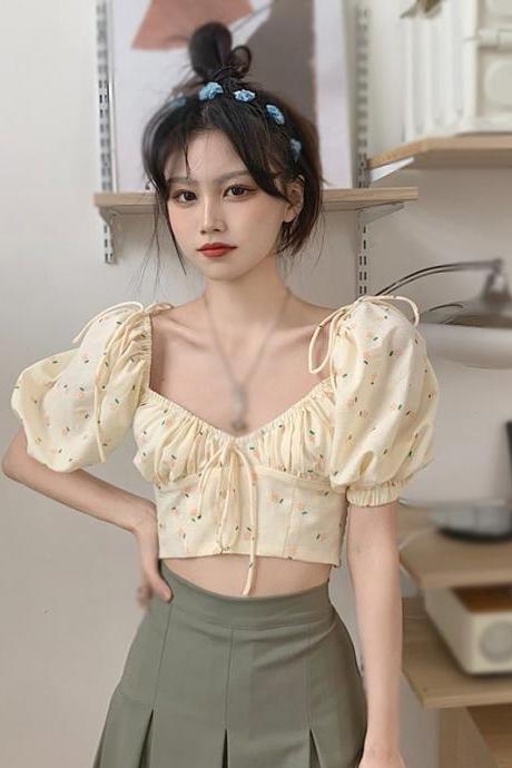 Women V Neck Floral Print Sweet Exposed Navel Puff Short Sleeve Shirt Girls Crop Tops