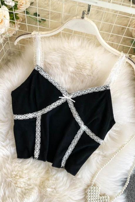 Women Lace Up Crop Tops V-neck Knitted Camis Short Slim Underwear Tops Straps Tops For Women 2023 Summer