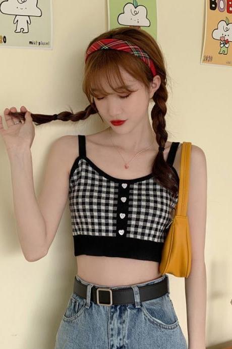 Summer Fashion Women Plaid Crop Buttons Camis Knitting Cute Tank Tops Ladies Sleeveless Solid Crop Tops