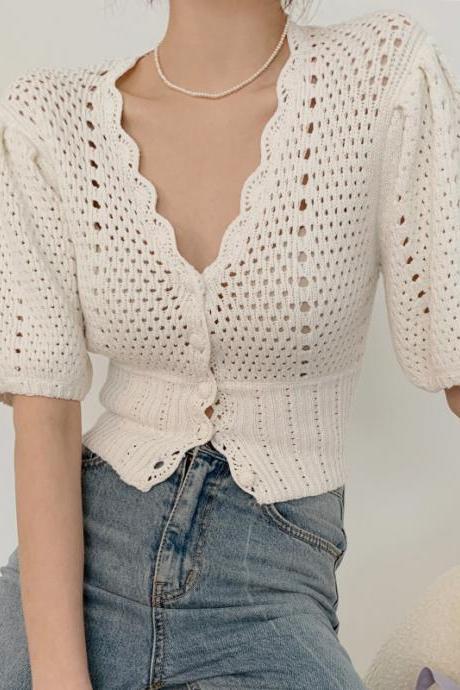 Crochet Korean V Neck Crop Top Puff Short Sleeve Sweater Mujer Summer Cardigan Knitted Cropped Cardigan Sueters Hollow Sweet