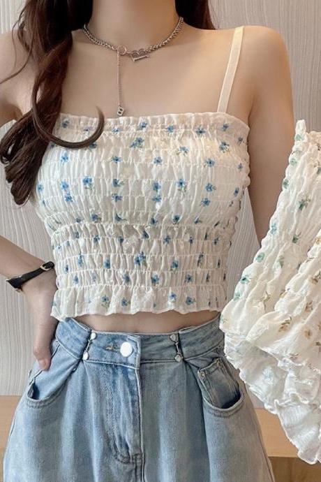 Floral Printed Camisole Woman Summer Sweet Spaghetti Strap Tank Top Female With Built In Bra Corset Women Vest With Padded
