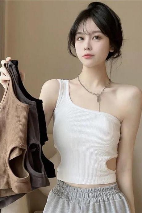 Rib Knit Women&amp;#039;s Dew Waist Tank Top Summer Casual Basic Skinny Vest Cut Out Sleeveless Y2k Sexy Woman Crop Top Fixed Breast Pad