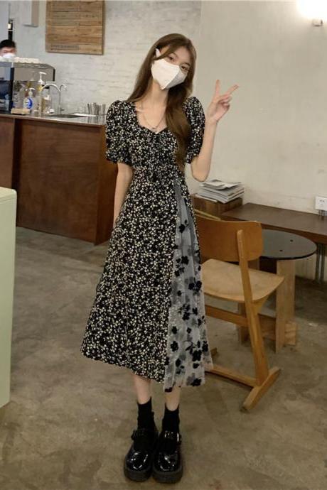 Summer Women Long Dress Vintage A Line Pleated Tulle Midi Dress For Women Girl Fairycore Clothes Floral Korean Fashion Clothing